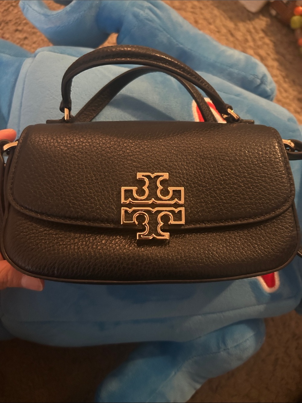 Tory Burch Black Pebbled Leather Mini Top-Handle Bag with Gold Logo